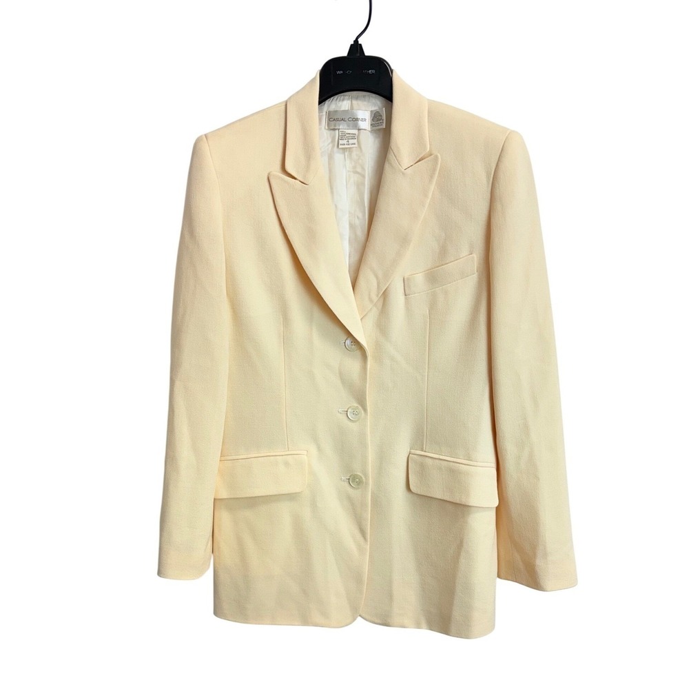 Casual Corner Vintage Pure Wool Blazer Jacket Cream Size 4 3-Button Professional